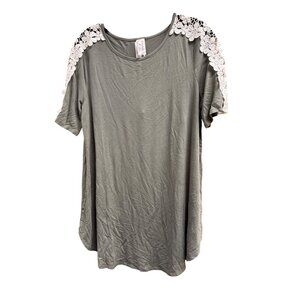 Lace Shoulder Olive Green Tunic Top M Short Sleeve Floral Crochet Trim